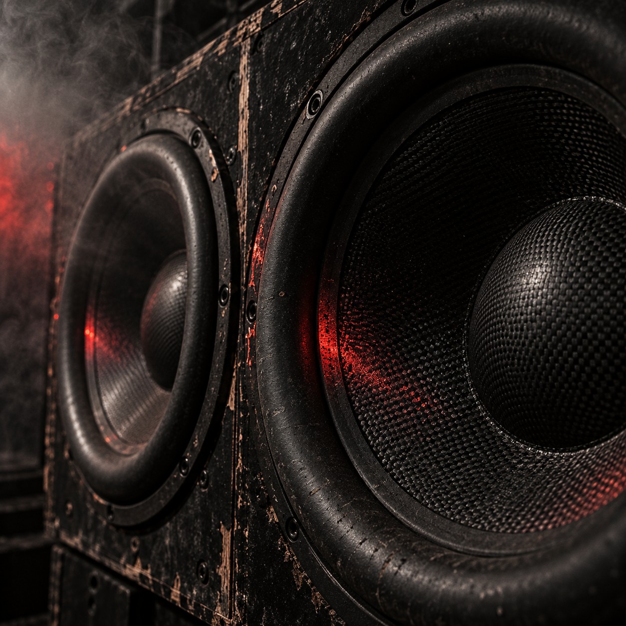 Close-up of massive subwoofer cones under red light