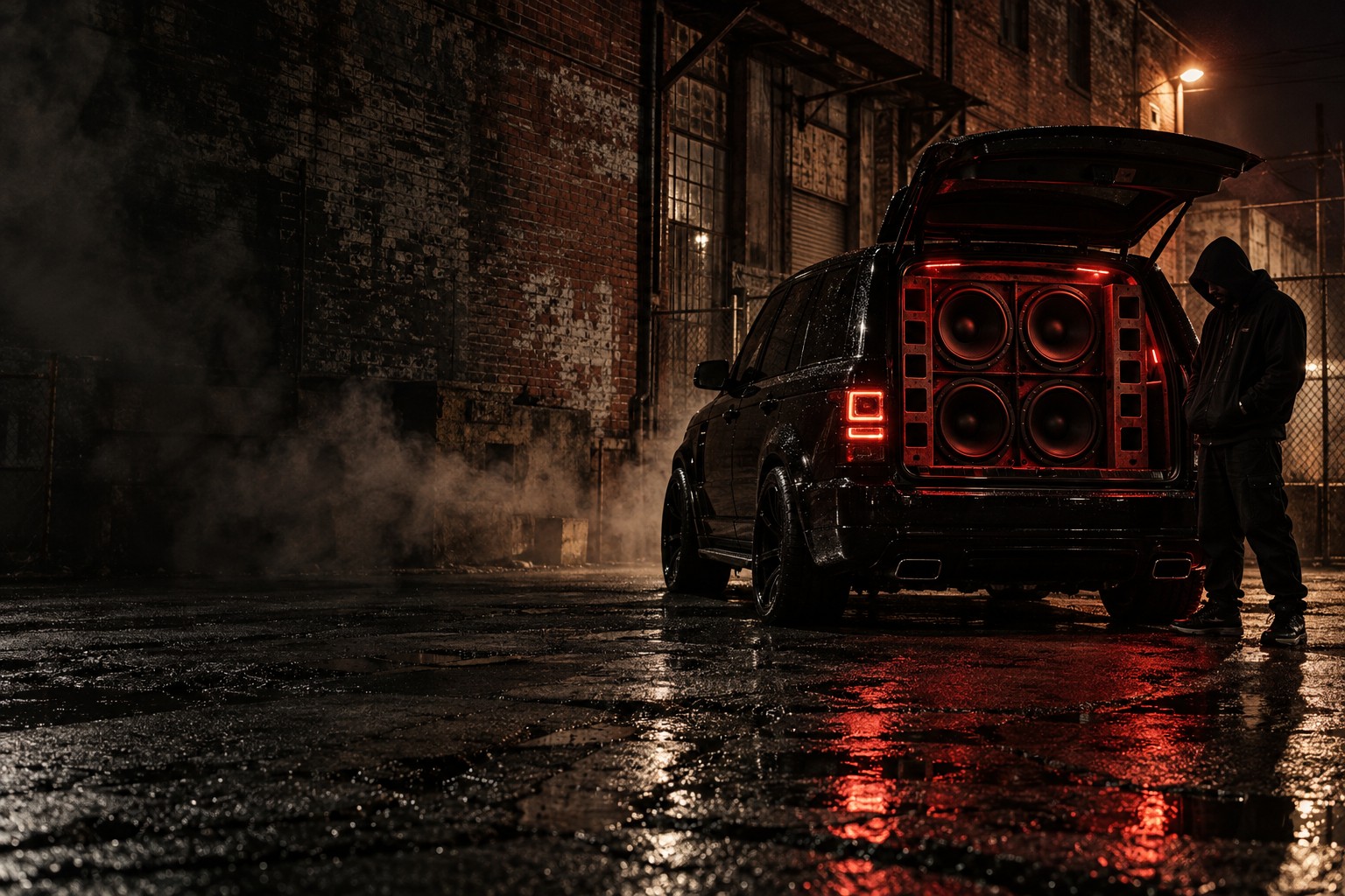 Hooded figure beside a subwoofer-equipped SUV in a gritty industrial alley